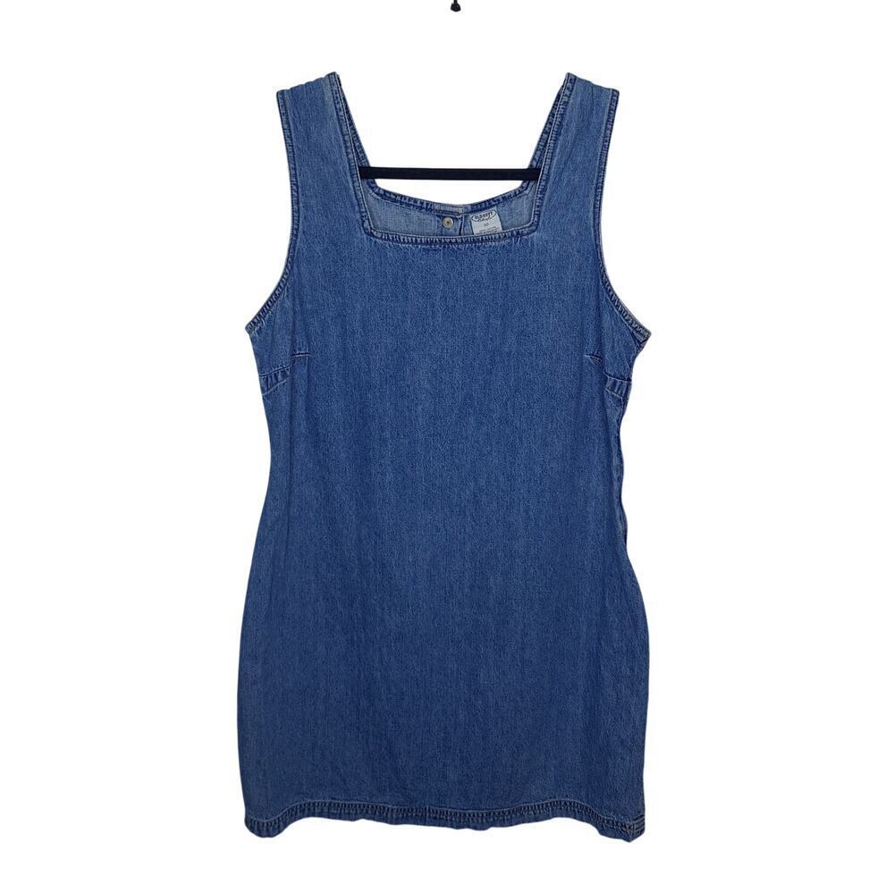 Vintage Y2K Denim Dress Old Navy Jumper 10 Med Grunge Western Snaps Square Neck